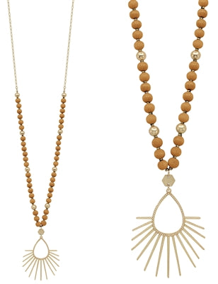 Wood Beaded with Gold Spiked Teardrop Necklace-Necklaces-What's Hot Jewelry-Mustard-Inspired Wings Fashion