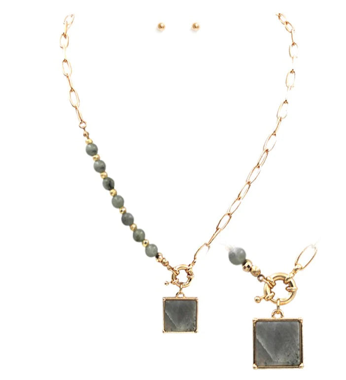 Square Pendant with Beads Necklace-Necklaces-Fouray Fashion-Black-Inspired Wings Fashion