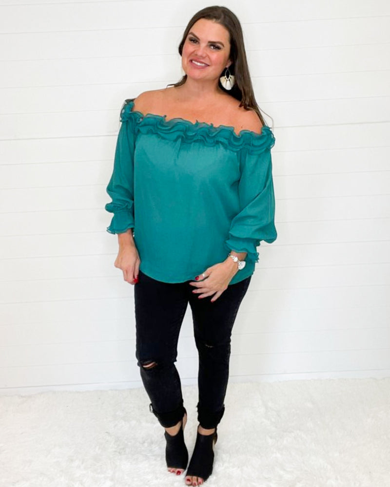 Off the Shoulder Ruffle Top-Tops-Vine & Love-Medium-Teal-Inspired Wings Fashion