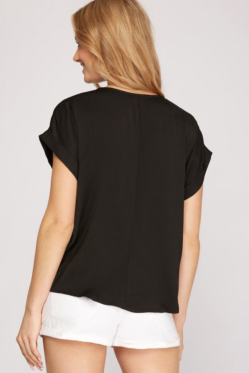 Drop Shoulder Satin Ruched Top-Shirts & Tops-She+Sky-Small-Black-Inspired Wings Fashion
