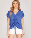 Drop Shoulder Satin Ruched Top-Shirts & Tops-She+Sky-Small-Blue-Inspired Wings Fashion
