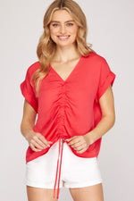 Drop Shoulder Satin Ruched Top-Shirts & Tops-She+Sky-Small-Cherry Pink-Inspired Wings Fashion