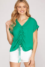 Drop Shoulder Satin Ruched Top-Shirts & Tops-She+Sky-Small-Jade Green-Inspired Wings Fashion