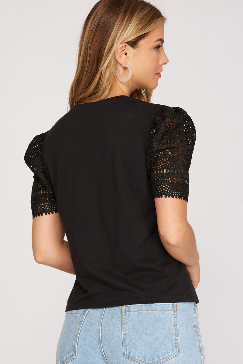 Crochet Lace Short Sleeve Top-Shirts & Tops-She+Sky-Small-Black-Inspired Wings Fashion