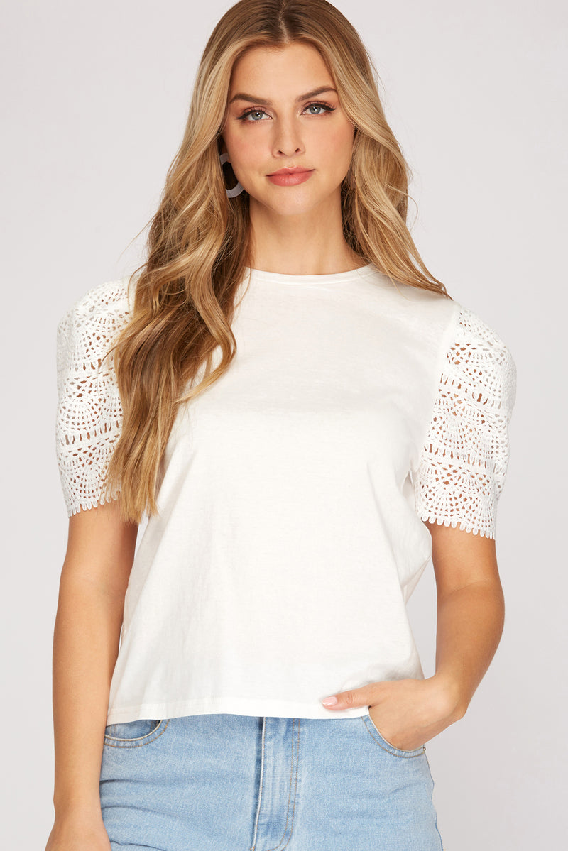 Crochet Lace Short Sleeve Top-Shirts & Tops-She+Sky-Small-Off White-Inspired Wings Fashion