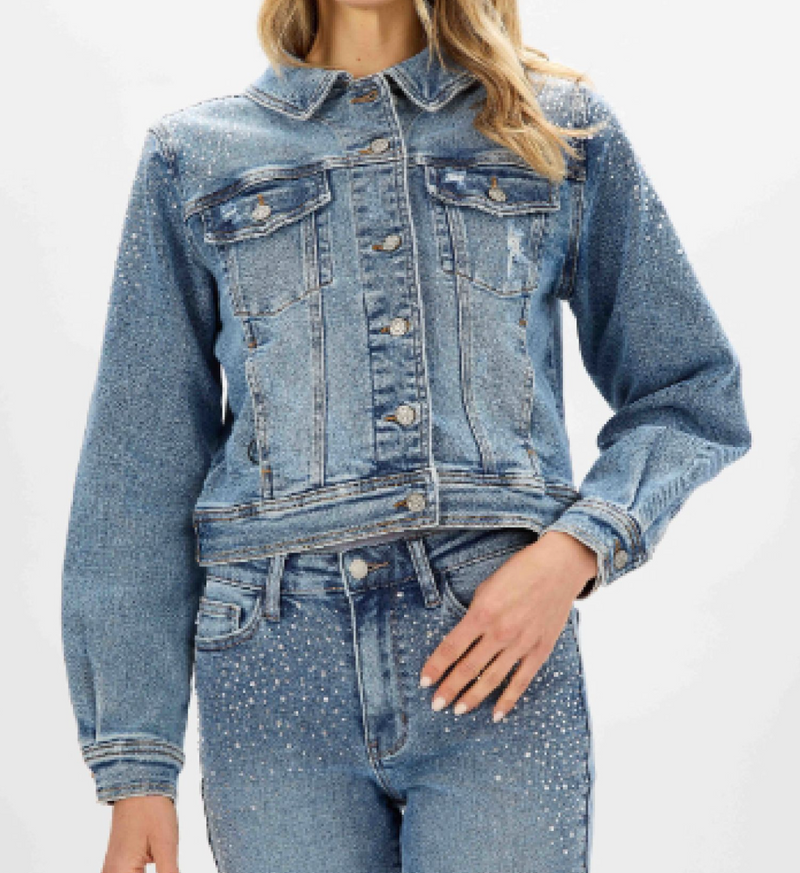 Rhinestone Embellished Denim Jacket-Coats & Jackets-Judy Blue-Small-Inspired Wings Fashion