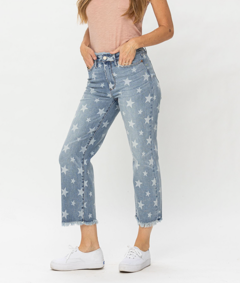 Star Print Cropped Straight Jeans-Jeans-Judy Blue-0(24)-Inspired Wings Fashion