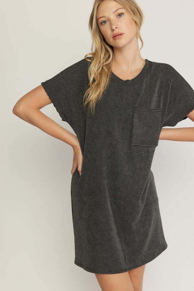 Textured Ribbed Short Sleeve Dress-Tops-Entro-Small-Charcoal-Inspired Wings Fashion