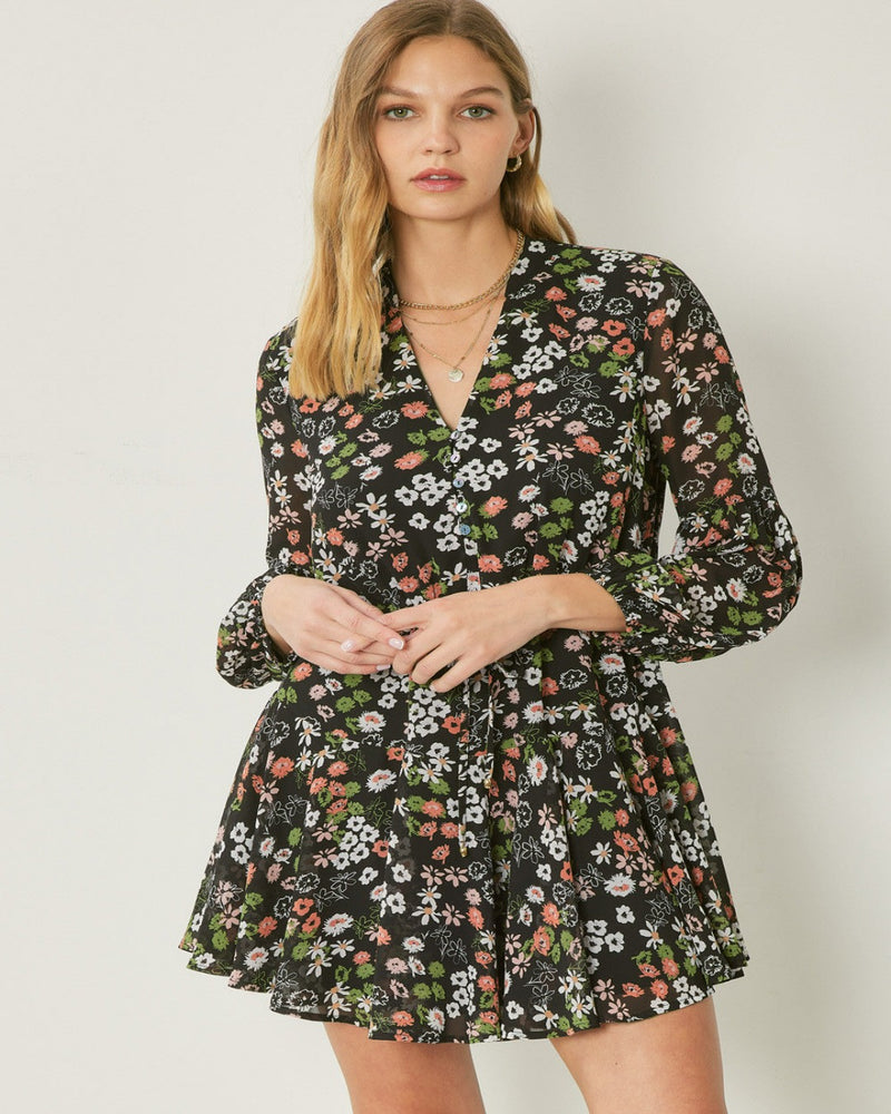 Floral Print Long Sleeve Mini dress-Dresses-Entro-Small-Black-Inspired Wings Fashion