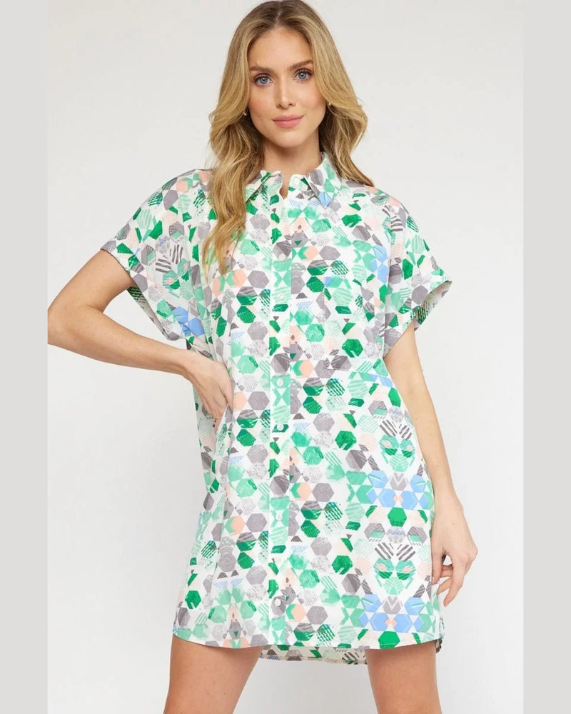Geometric Print Dress-Clothing-Entro-Small-Green-Inspired Wings Fashion