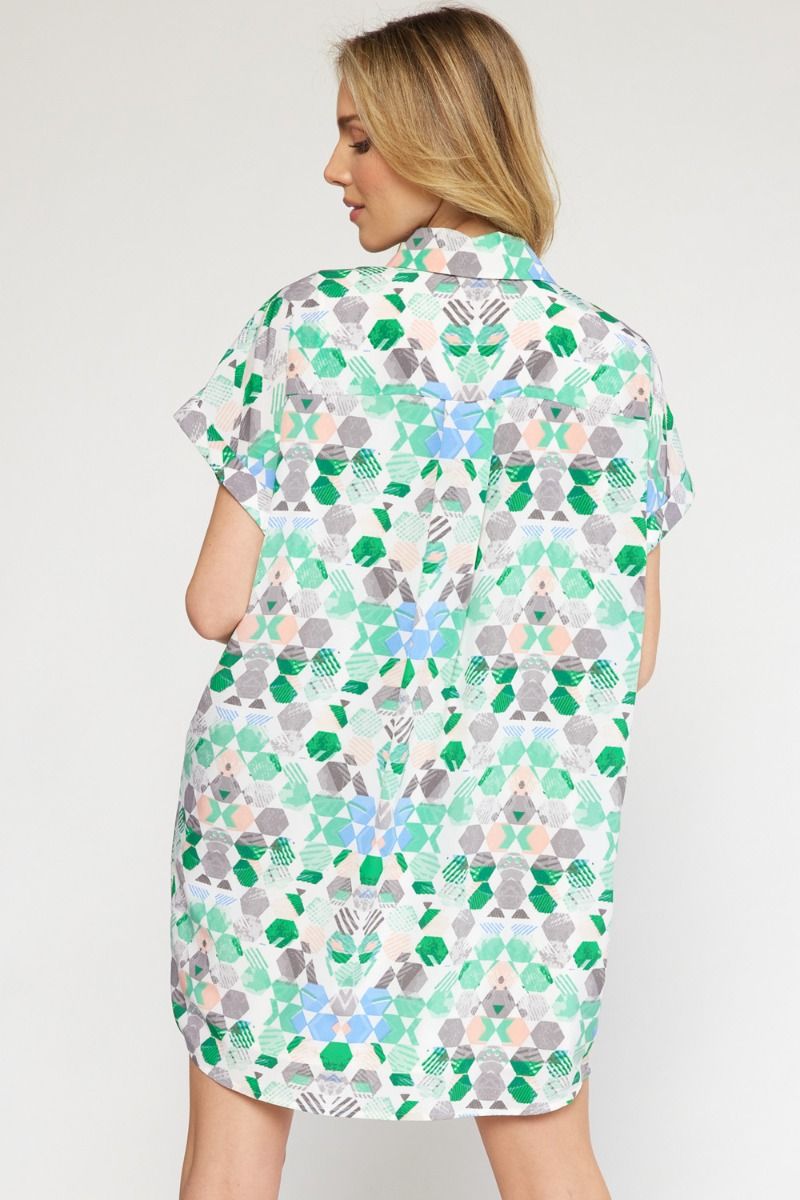 Geometric Print Dress-Clothing-Entro-Small-Green-Inspired Wings Fashion