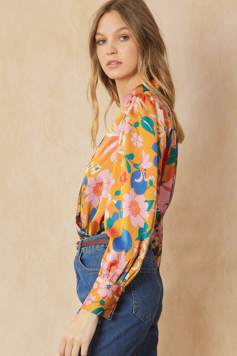Floral Print Wrap Bodysuit-Leotards & Unitards-Entro-Small-Camel-Inspired Wings Fashion