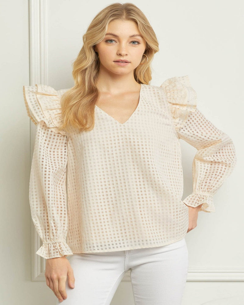 Sheer Grid V-neck Top-Tops-Entro-Small-Natural-Inspired Wings Fashion