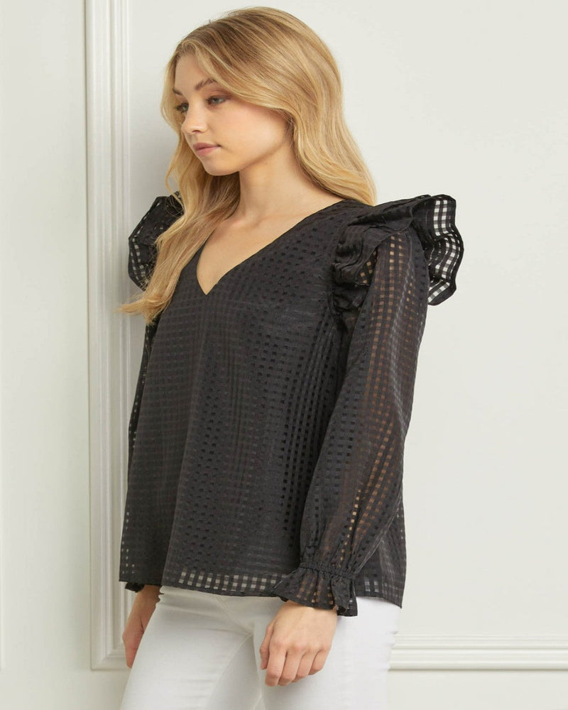 Sheer Grid V-neck Top-Tops-Entro-Small-Black-Inspired Wings Fashion