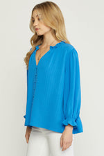 Solid Textured Button Blouse-Tops-Entro-Small-Cobalt Blue-Inspired Wings Fashion
