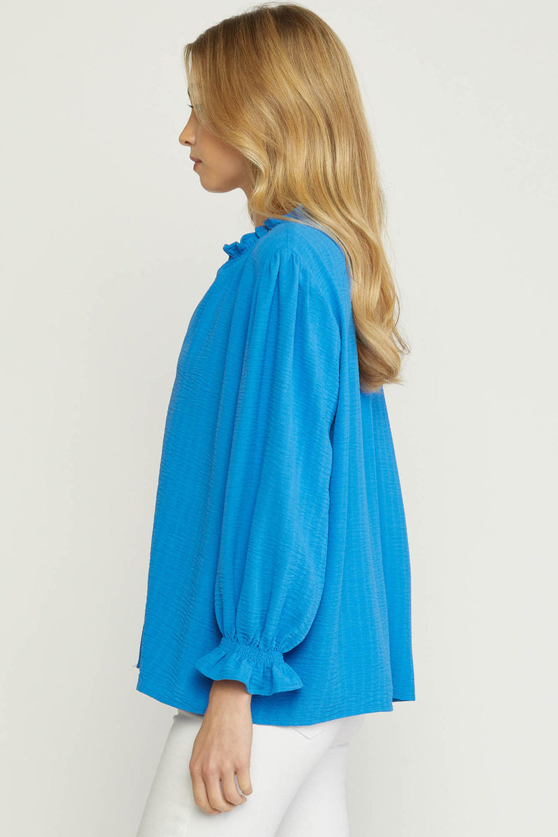 Solid Textured Button Blouse-Tops-Entro-Small-Cobalt Blue-Inspired Wings Fashion