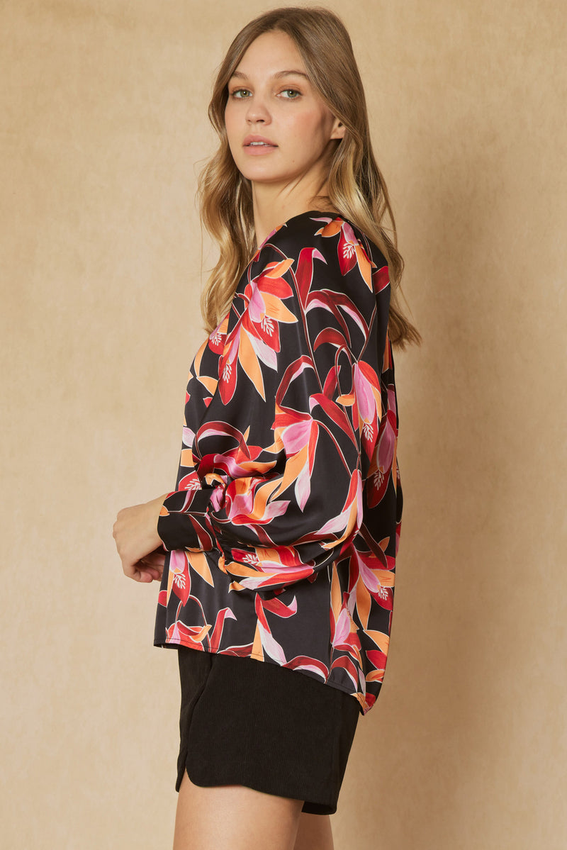 Floral Print V-Neck Top-Shirts & Tops-Entro-Small-Black-Inspired Wings Fashion