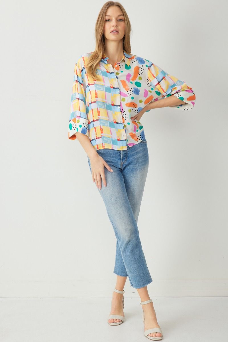 Contrast Print Top-Shirts & Tops-Entro-Small-Blue Combo-Inspired Wings Fashion