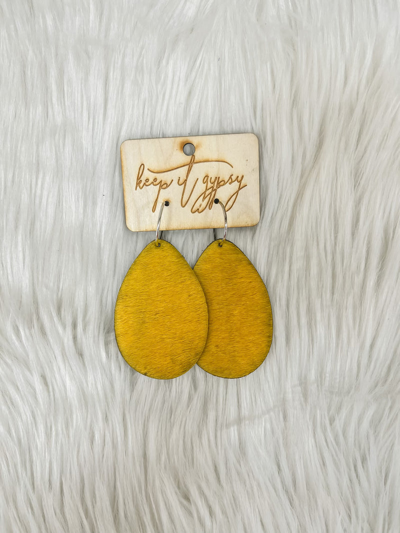 Cowhide Teardrop Earrings-Earrings-Keep it Gypsy-Mustard-Inspired Wings Fashion
