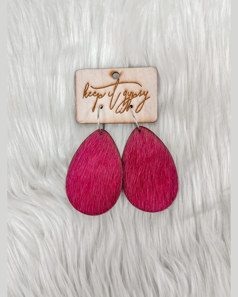 Cowhide Teardrop Earrings-Earrings-Keep it Gypsy-Magenta-Inspired Wings Fashion
