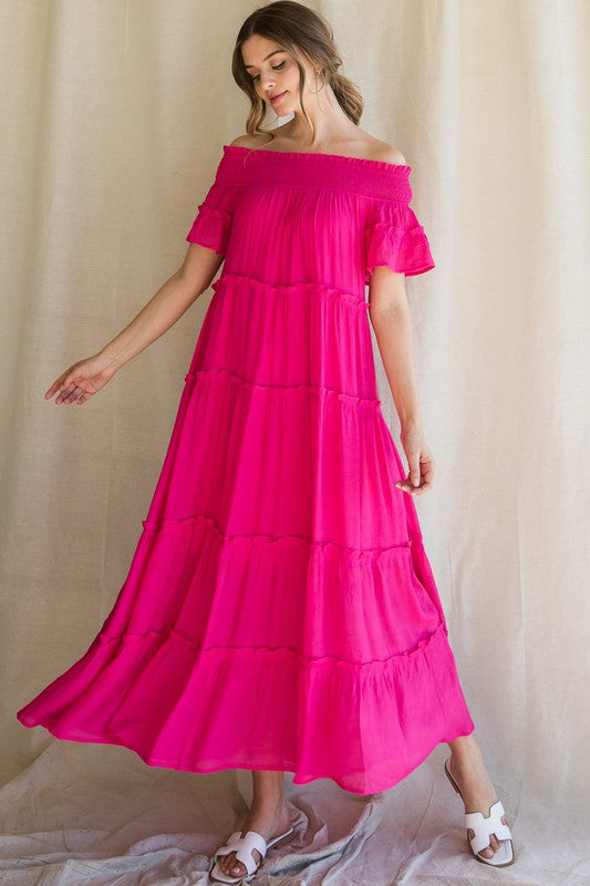 Solid Off Shoulder Maxi Dress-Dresses-Jodifl-Small-Hot Pink-Inspired Wings Fashion