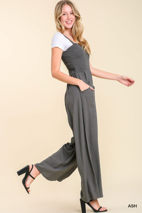 Sleeveless Smocked Jumpsuit-Jumpsuit-Umgee-Small-Ash-Inspired Wings Fashion